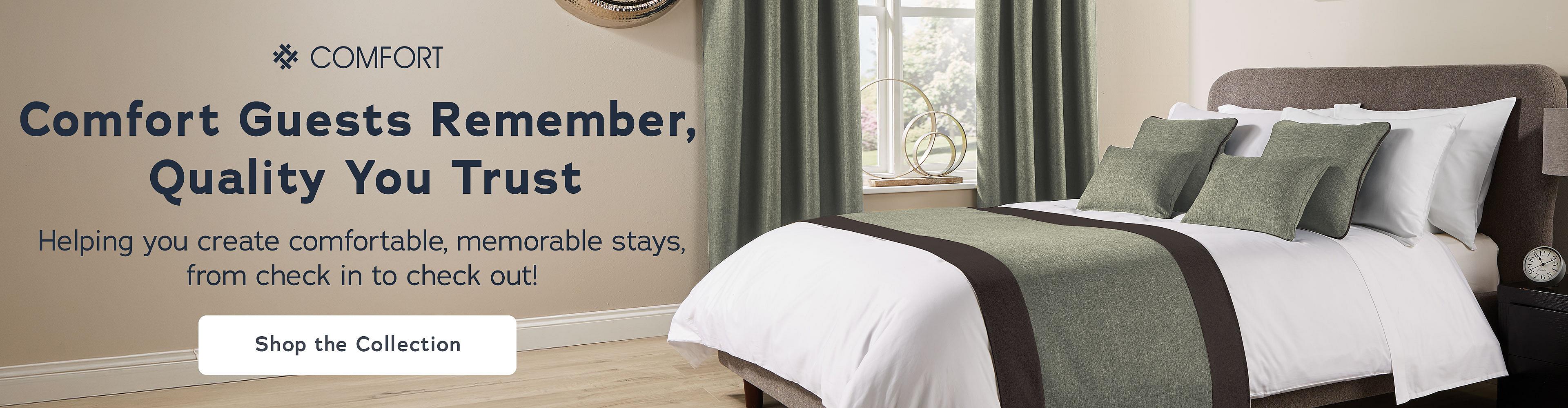 Mitre Comfort Guests Remember, Quality You Trust. Helping you create comfortable, memorable stays from check-in to check-out and enjoy free delivery on all orders until 12th October!. Shop the collection > Image of Trunda green collection bed runner cushions and curtains.