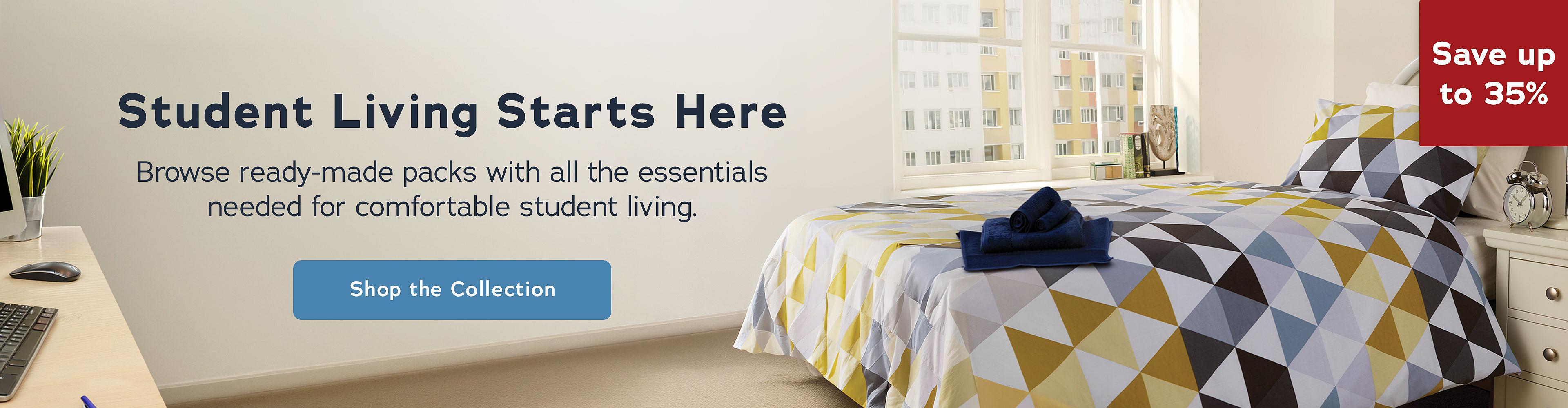 Student bedroom scene with a yellow and blue geometric bedding set on a single bed and folded dark blue towels on top, alongside text reading 'Student Living Starts Here - Browse ready-made packs with all the essentials needed for comfortable student living.' Shop the collection >