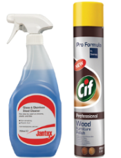 A Ready-To-Use 750ml Bottle of CF980 Jantex Glass and Stainless Steel Cleaner and a Ready-To-Use 750ml Bottle of GH495 CIF Pro Formula Wood Polish