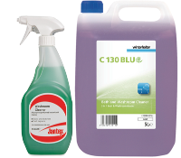 A Ready-To-Use 750ml Bottle of CF981 Jantex Washroom Cleaner & A Ready-To-Use 5Ltr Bottle of FA092 Winterhalter C130 BLUe Bath and Washroom Cleaner