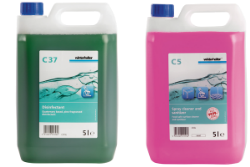 A Concentrated 5Ltr Bottle of DR270 Winterhalter C37 Pine Disinfectant and a Ready-To-Use 5Ltr Bottle of DR251 Winterhalter C5 Spray Cleaner and Sanitiser