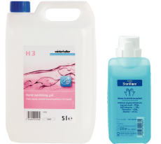 A 5Ltr bottle of DR293 Winterhalter H3 Unperfumed Liquid Hand Sanitiser Gel & a 500ml Bottle of CB328 Sterillium Perfumed Liquid Hand Sanitiser 500ml