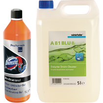 A Ready-To-Use 1Ltr Bottle of FB586 Domestos Pro Formula Drain Unblocker Gel and a Ready-To-Use 5Ltr Bottle of FA796 Winterhalter A81 BLUe Enzyme Drain Maintainer