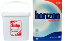 An 8.1kg Tub of GG180 Jantex Biological Laundry Detergent Powder and 6.3kg Pack of CD756 Horizon Biological Laundry Detergent Powder