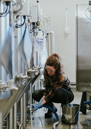 A brewer inspects the quality of her beer