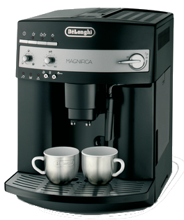 a black DeLonghi coffee machine
