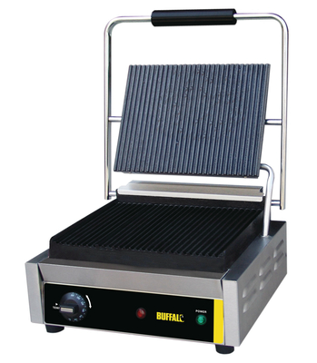 Large ribbed Buffalo contact grill in opened position
