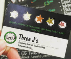 A completed loyalty card from Three Js sandwich shop