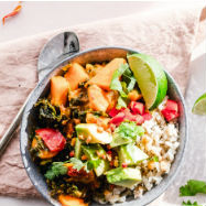 Vegan friendly food on the menu neatly presented in bowl.