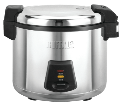 Buffalo J300 A white 6Ltr Buffalo rice cooker with a lid tilted beside it and a black electrical cord