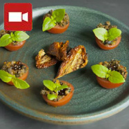 Basil, Cherry Tomato and Black Olive Caviar with Balsamic Pearls Canape