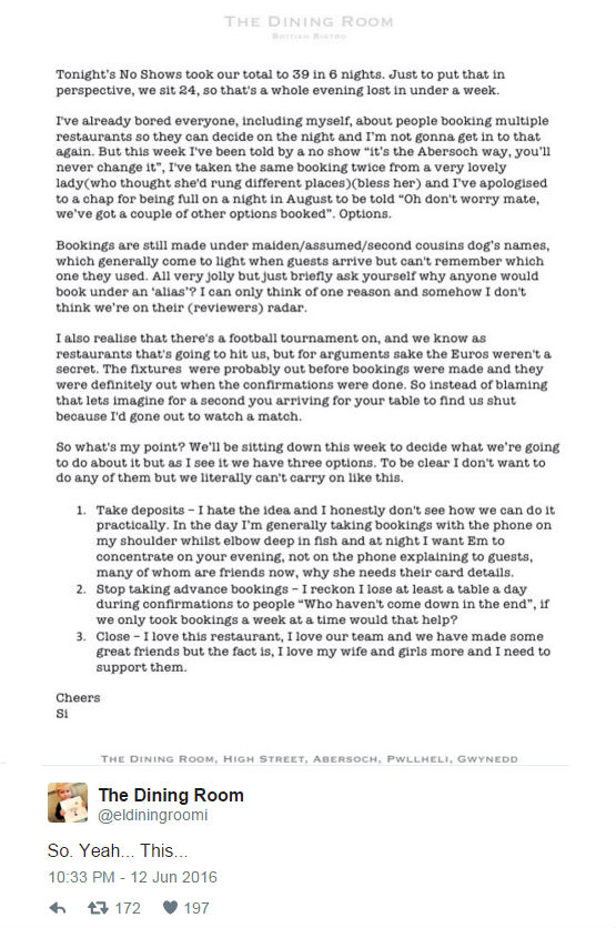 The Dining Room's Open Letter about No Shows