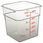 Graduated food container with measurements in red 