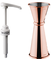 A Monin Syrup Pump And Cocktail Jigger Designed To Deliver A Consistent Dosage Of Coffee Syrup Or Cocktail Puree